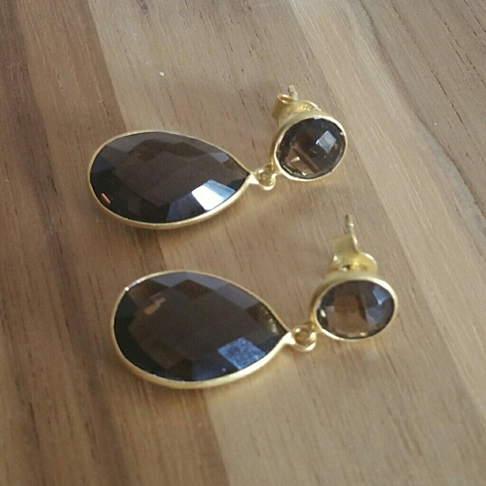 Brown quartz dangle earrings NEW Gold Silver